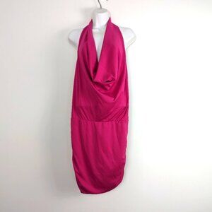 Le Chateau Fuchsia Ruched Halter Dress with Bubble Hem - Made in Canada, Size M